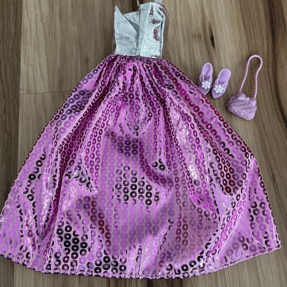 Barbie Fashion Doll Pink purple Gown Heels Purse Outfit
